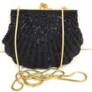 Vintage 1960's Vanessa Black Beaded Clam Shell Evening Bag EUC